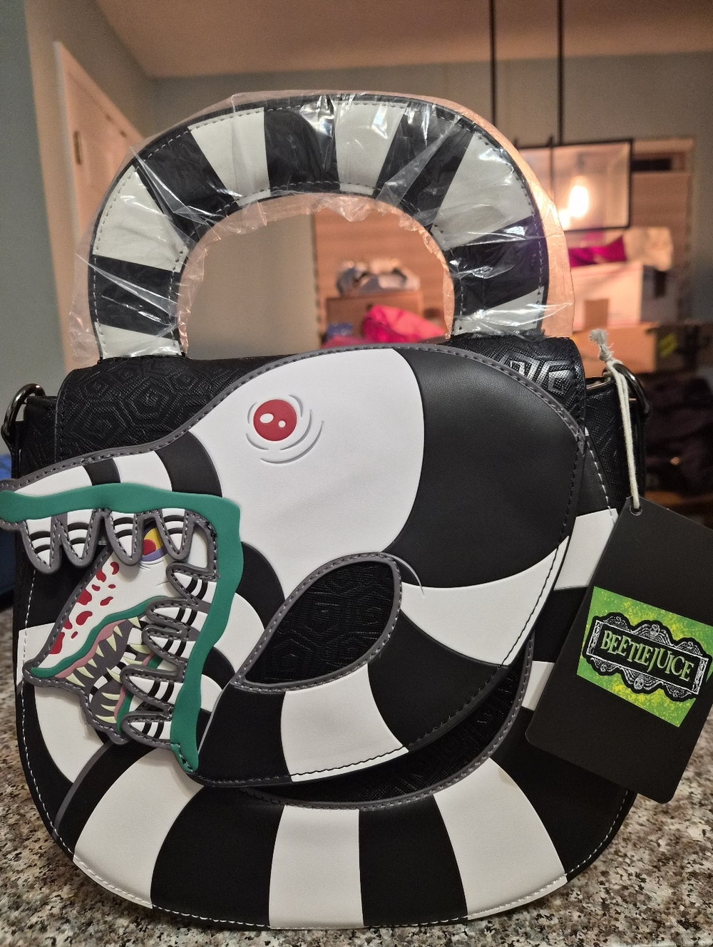 Loungefly Beetlejuice Black White Striped Crossbody Bag with Green Accent